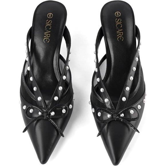 Sicare Kitten Heels Synthetic Black Women Pointed Toe Stiletto Pumps with Bow - Picture 4 of 9